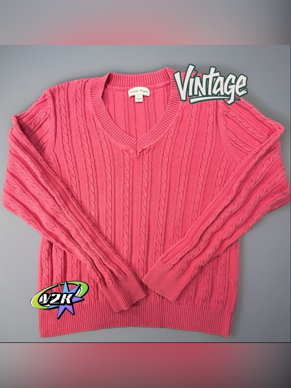 Studio Works Womens L Pink V-Neck Sweater 100% Cotton Y2K Vintage